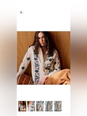 Sezane Cream Button-Up Blouse with Navy Embroidery